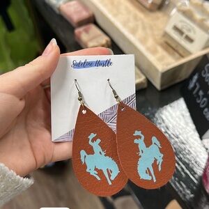 Western earrings leather with cowboy and horse blue print